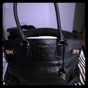 Henri Bendel Black Croc-Embossed Tote with Gold Accents
